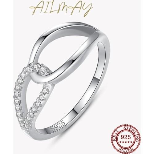 Ailmay Genuine 925 Sterling Silver Geometric Design Ring Classic Clear Zirconia Finger Rings Fine Female Fashion Jewelry