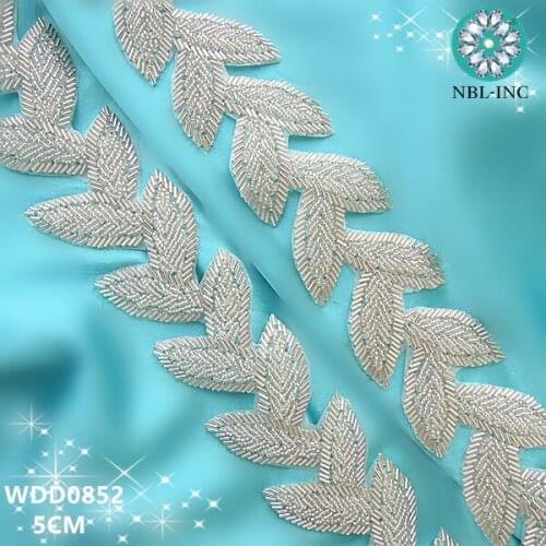 10 YARDS)Wholesale silver bridal beaded rhinestone applique trim for wedding dress sash belt WDD0852