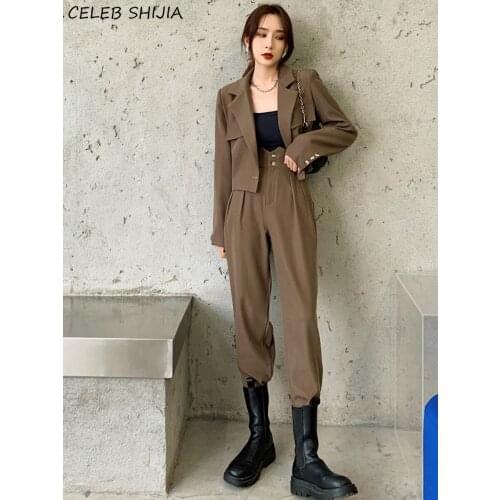 Khaki Blazer Set Woman Korean Single-breasted Coat + Harem Pants Woman Pants Suits Black Streetwear Autumn Business 2 Piece Sets