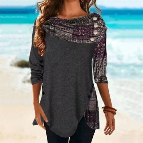 40# Classic Vintage Blouses Women Casual Loose Irregular Hem Splicing Printed Shirt Long-sleeved Long Length Tops Блузка Женская