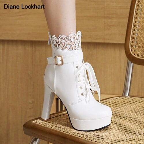 Winter Boots Women 12cm High Heels Platform Ankle Boots For Ladies PU Leather Lacing White Black Pink Beige Fetish Shoes Woman