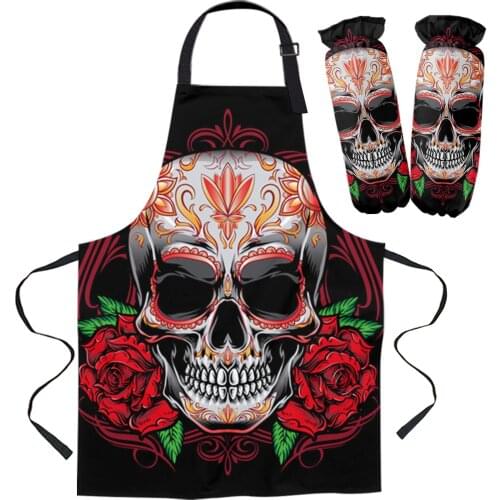Skull Rose Skull Apron Kitchen Household Cleaning Pinafore Barber Apron Cooking Accessories Aprons for Woman