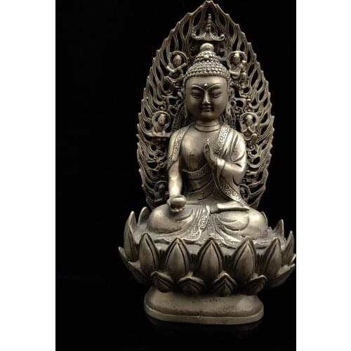 Chinese Antique White copper Guanyin Buddha Sitting in lotus Model Statue