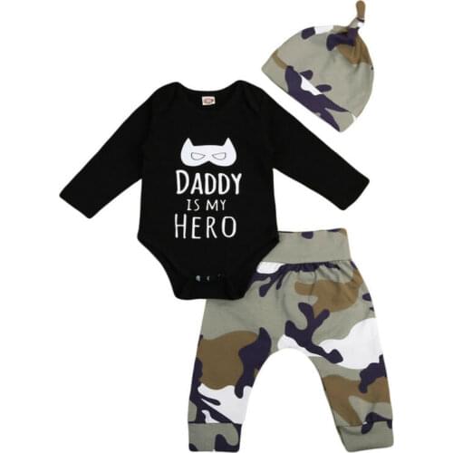 0-24M Newborn Baby Boys Clothes Sets Letter Print Romper Jumpsuit+Camo Pants Hat Outfits Set Clothes