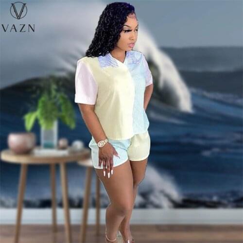 VAZN 2021 Sport Running Short Sleeve Print Summer Beach Clothing Suits 2 Piece Set Women Top And Pant