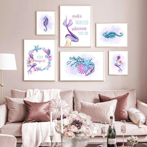 Cartoon Cute Poster Nordic Canvas Painting Abstract Mermaid Hippocampus Picture Wall Art Home Decor Poster and Print for Bedroom
