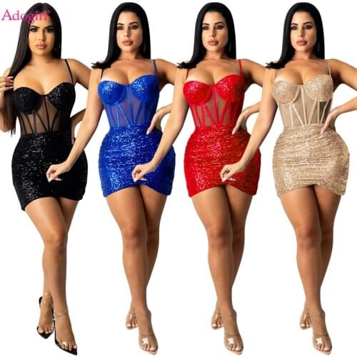 Adogirl Sheer Mesh Patchwork Sequins Spaghetti Straps Mini Dress Women Sexy Backless Bodycon Christmas Birthday Party Club Wear