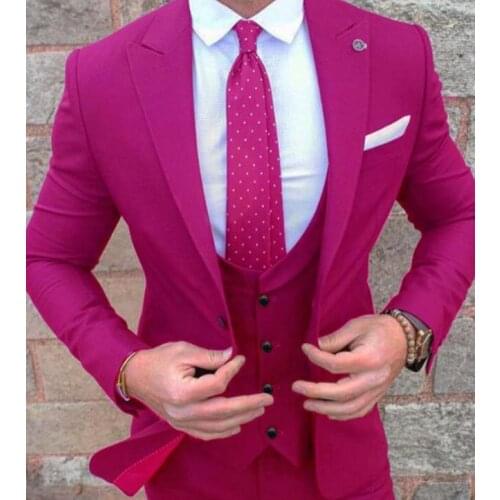 Fashionable One Button Rose red Groom Tuxedos Groomsmen Peak Lapel Mens Suits Blazers (Jacket+Pants+Vest+Tie) W:985