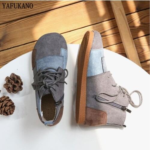 Mori Girl Literary Retro Suede Patch Round Toe Flat Ankle Boots Handmade Comfort Soft Soled Martin Boots Mixed Color Short Boots