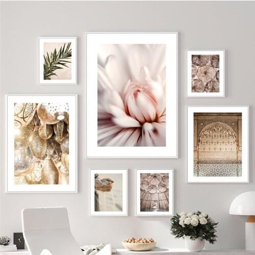 Wall Art Decor Pink Peony Architecture Door Poster Mosque Canvas Painting for Living Room Room Decor