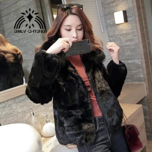 New Natural real genuine Mink Fur coat with fox fur collar womens Fashion black color All-match jacket English collar