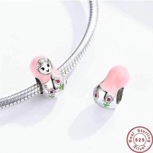 Fit Europe Bracelet Matryoshka Charms Silver 925 Original Pink Enamel Flower Scarf Wrapped Little Girl Beads for Jewelry Making