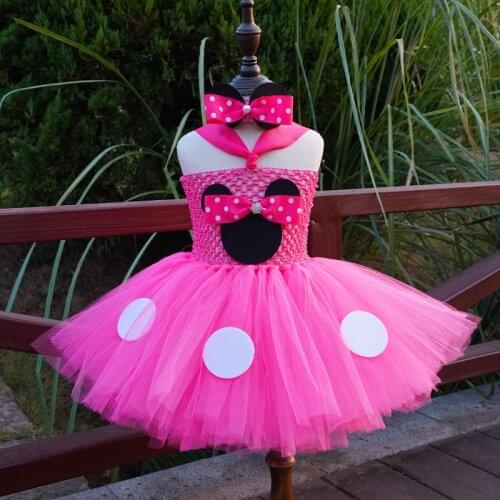 Girls Pink Mickey Tutu Dress Baby Minnie Tulle Dress with White Dots and Hairbow Set Kids Birthday Party Costume Cartoon Dresses