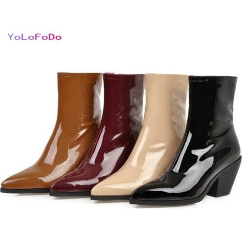 Patent PU Leather Women Ankle Boots Pointed Toe Side Zipper Women Square Heel Boots High Quality Autumn Winter Boots Plus Size