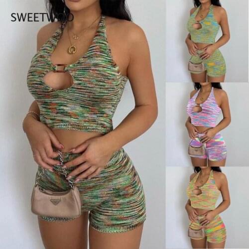 Sexy Sweater Shorts Bodysuits Sleeveless Sexy Crop Tops + Pant Women Two Pieces Knitted Clothing Set