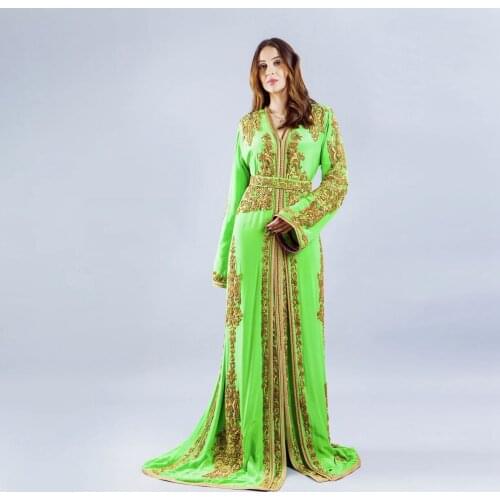 Light Green Moroccan Caftan Evening Dress V-Neck Long Sleeves Floor Length Mermaid Prom Dress Dubai Summer Dress Dubai Plus Size