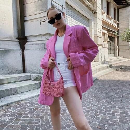 MUICHES Casual Pink Loose Blazers Woman Notched Single Breasted Pocket Office Lady Long Sleeve Oversize Coat 2021 New Fashion