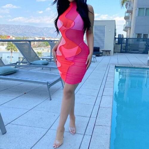 2021 European&American Style Contrast Color Patchwork Club Outfits Sexy O-Neck Sleeveless Mesh Sheer Tight Women Dresses Fashion