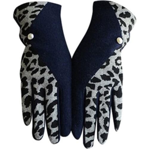 Winter Women Warm Elegant Leopard Pearl Cashmere Full Finger Mittens Female Wool Elastic Knit Touch Screen Driving Gloves E51