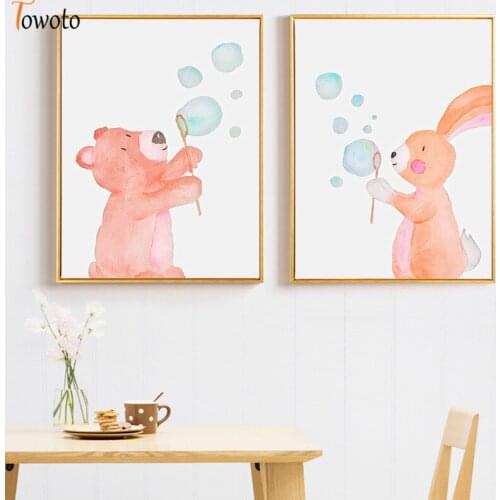 Watercolor Canvas Painting Rabbit Bear with Bubbles Poster Woodland Animal Print Nursery Wall Art Baby Room Decoration Pictures
