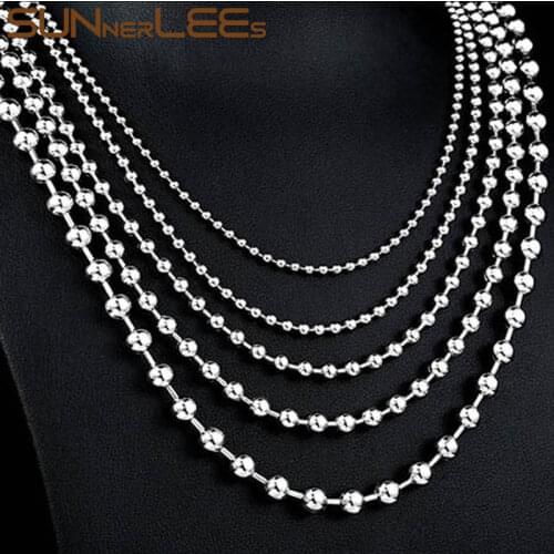 SUNNERLEES Stainless Steel Necklace 2mm~6mm Beads Link Chain Silver Color High Polished Men Women Fashion Jewelry Gift SC189 N