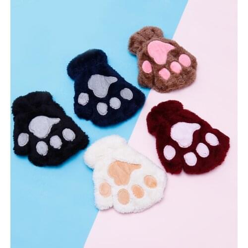 Kids Cute Cat Claw Paw Plush Mittens Warm Soft Plush Short Fingerless Fluffy Bear Cat Gloves Costume Half Finger