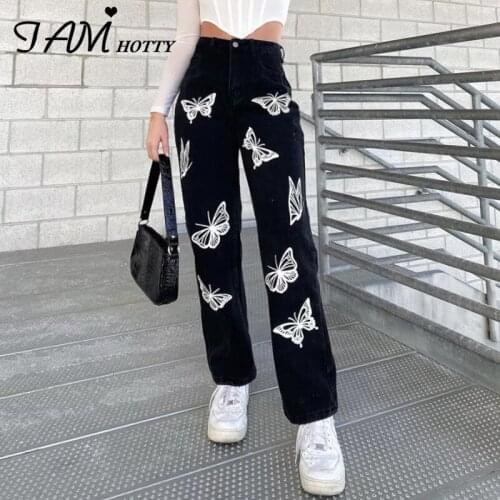 Black Gothic Harajuku Butterfuly Printed y2k Jeans Women Aesthetic Wide Leg High Waist Baggy Streetwear Oversize Denim Iamhotty