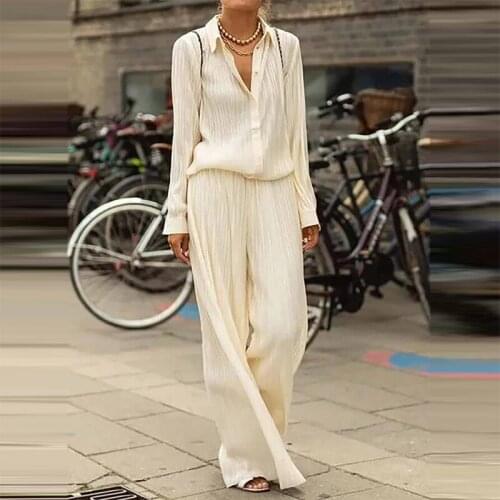 Elegant Women Two-Piece Suit Casual Single Breasted Shirts + Long High Waist Bloomers Women Slim Solid Sets Office Ladies Suits
