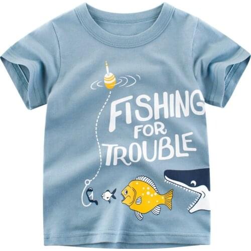 Blue Color Print the Fishing with Letters T-shirts For Boys For Beautiful Summer For Children Cute Short Sleeve Top Tee