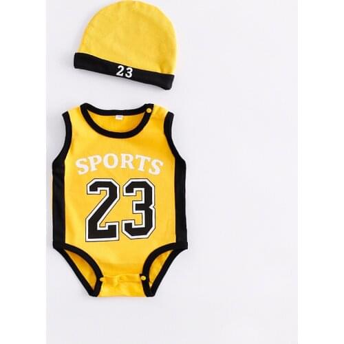 Baby Boy Sleeveless Romper + Hat 2pcs Outfit Set Kids Fashion Sports Printed Sport Player Jumpsuit Cotton Costume 6 Colors