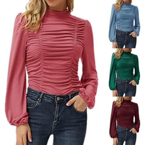2021 Hot Sale Women Blouse Slim-Fit Tops Solid Color Half High-neck Pleated Long Lantern Sleeve Lady Pullover Top for Office