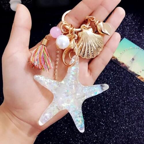 Cute Big Starfish Keyring Keychain Starfish Shell Charm Pendant Key Rings Shoulder Bag Purse Car Accessories for Women Girl Kids