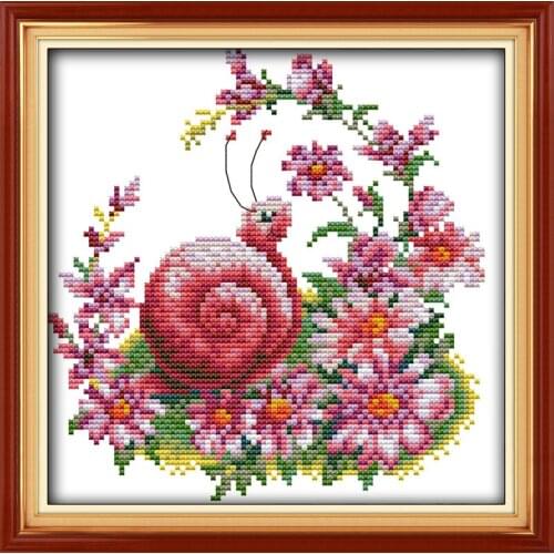 A snail and beautiful flowers cross stitch kit cartoon 11ct count canvas stitches embroidery DIY handmade needlework plus