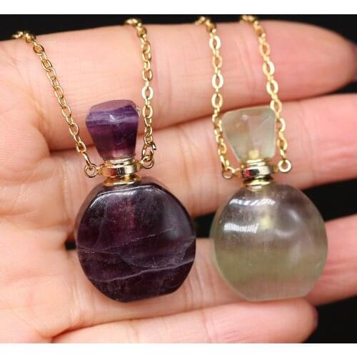 Natural Stone Agates Perfume Bottle 60cm Necklace Pendant Amethysts/ Green Fluorite Necklace Charm Women Jewelry Gift 20x35mm