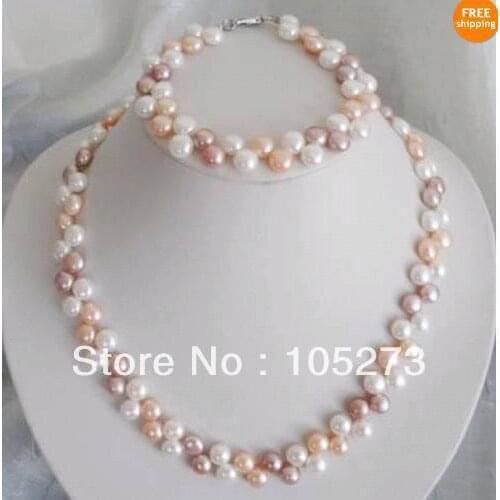 New Arriver Natural Pearl Jewelry Set Beautiful 7-8mm White Pink Purple Flat Genuine Freshwater Pearl Necklace Bracelet 18'' 8