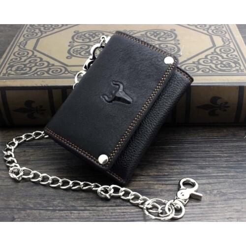 New Mens Boys Biker Leather Trifold Money Credit Card Wallet w/ Metal Chain Gift