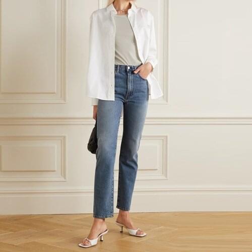 100% Cotton High Waist Slim Straight Cropped Women Jeans