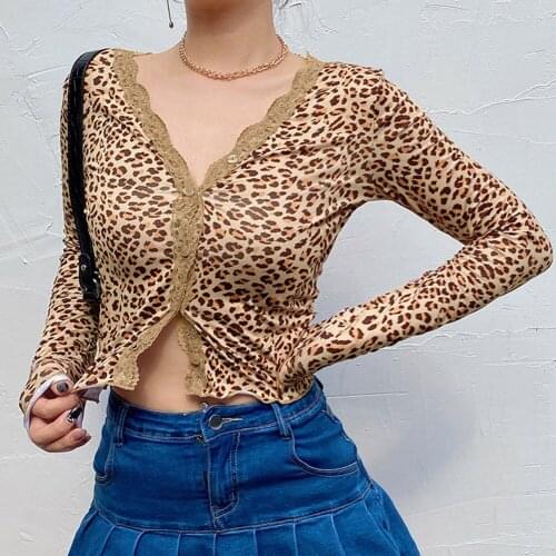 Leopard Printed Harajuku Tee Shirts Female Embroidery Patchwork Long Sleeves y2k Tops V-neck Autumn Streetwear Tops