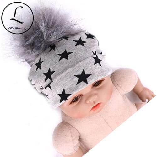 Soft Newborn Baby Faux Fur Pompom Hats Baby Girls Boys Printing Star Beanies Hats and Caps Kids Toddler Infant Spring Gorros