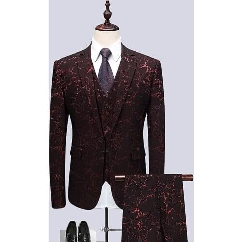 Tuxedo Suits For Wedding Men 3 Piece Slim Fit Mens Printed Brand Clothing 5XL 6XL Prom Suit Stage Jacket Pants Vest #1852