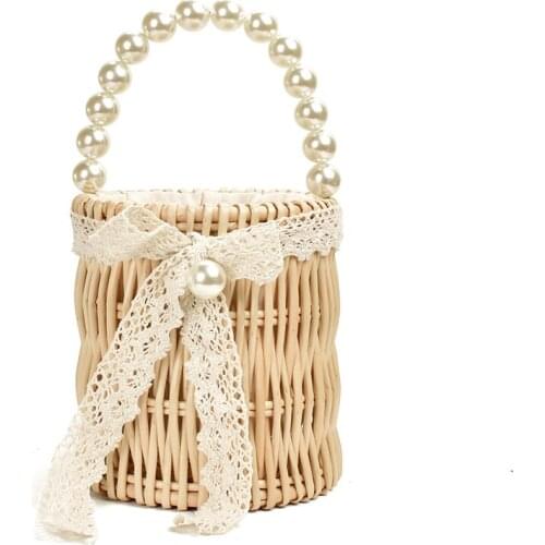 Pearl straw bag female Round barrel totes wild mini retro gas Rattan hand-woven pearl handbag