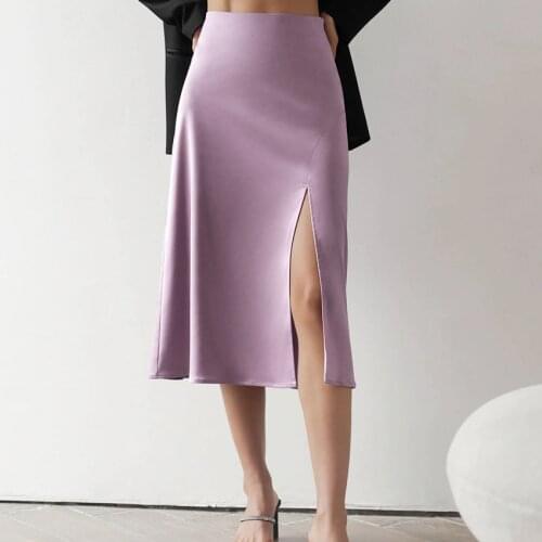Sexy Split Long Skirt Womens 2021 Summer New Solid Color Zipper Satin Satin A-line Skirt Medieval Skirt