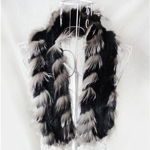 Women Fashion Rex Rabbit Fur with Silver Fox Fur Scarves Lady Winter Warm Wraps