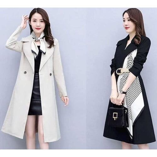 Womens Long Trench Coats 2021 New Autumn Lapel Double Breasted Slim Windbreaker Korean Elegant Belted Solid Coat Ladies Outwear