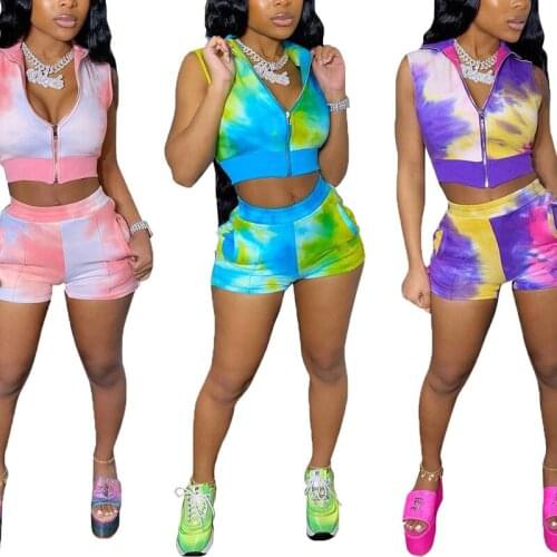 Womens Tie-dye Sports Suit Casual Sexy Sleeveless Cardigan + Shorts 2-Piece Set Nightclub Outfits Slim Fit Tracksuits Set
