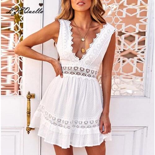 LZEQuella Women White Lace Embroidery Sleeveless Mini Dress Sexy V Neck Hollow Backless Ruffles Party Dresses Vestidos NZ3765