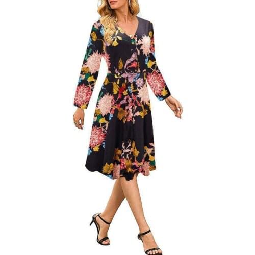 Long Sleeve V-Neck Floral Print Midi Women Dress Fashion Fall Winter Clothing Slim Casual Elegant Button Dress Female Vestidos