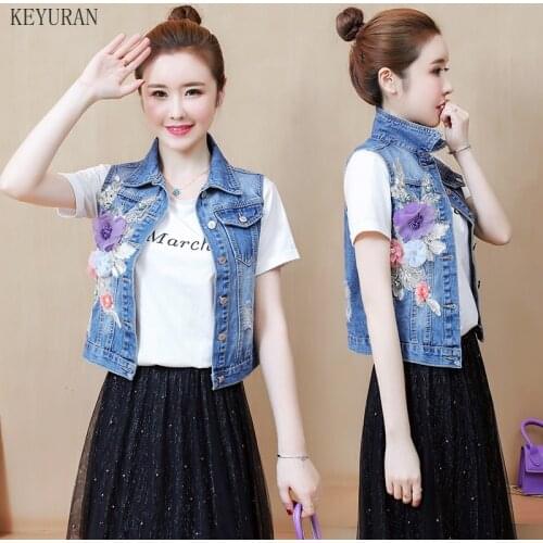 Fashion Hole Denim Vests Women 3D Flowers Sequined Ripped Frayed Vintage Jacket Single Breasted Sleeveless Jeans Colete Feminino