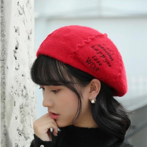 Winter red beret For Women Vintage Japanese embroidery letters Knitted Hats Female Style Lady Painter Bonnet Hats Girl Hat