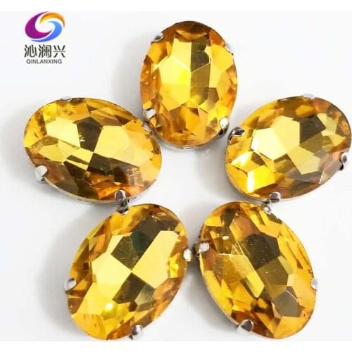 Golden yellow oval shape High quality Glass Crystal flatback sew on claw rhinestones with holes,Diy/Clothing accessories SWT19